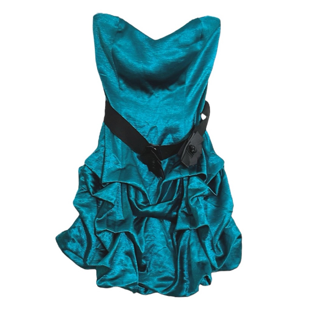 Ruby Rox Teal Strapless Dress Ruffled Skirt Black Waist Sash Size 7 Junior Party